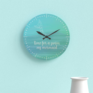 Reloj de pared de cola de sirena de acuarela Aqua