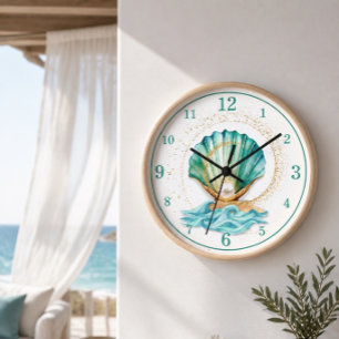 Reloj de pared de concha de mar y perla azul turqu