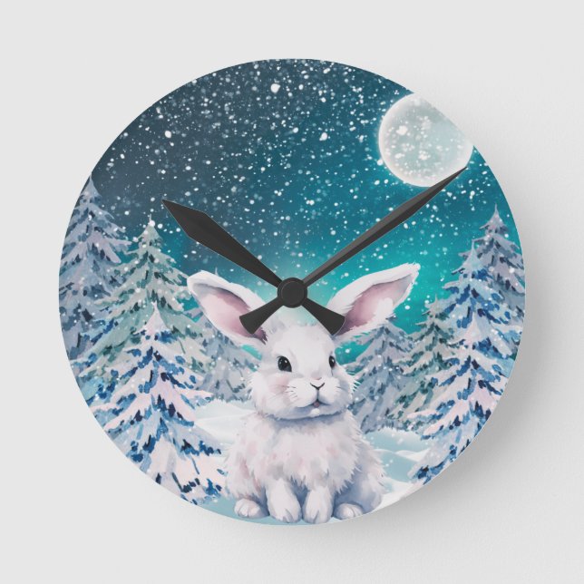 Reloj de pared de conejo de invierno en la nieve (Anverso)