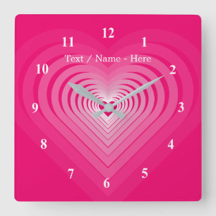 Reloj de pared de corazón rosado con nombre de tex