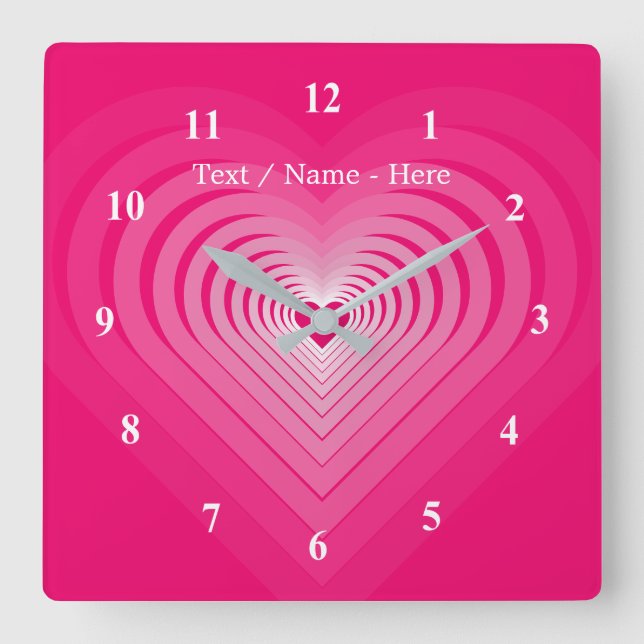 Reloj de pared de corazón rosado con nombre de tex (Anverso)