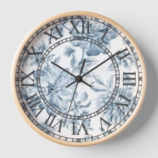 Reloj de pared de cosecha azul floral