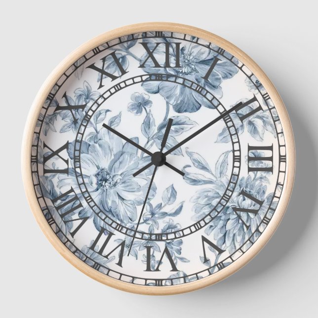 Reloj de pared de cosecha azul floral (Anverso)