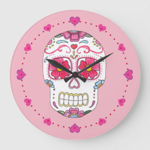 Reloj de pared de cráneo de azúcar rosa