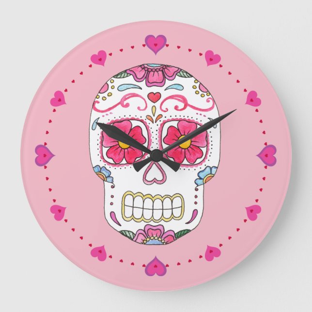 Reloj de pared de cráneo de azúcar rosa (Anverso)
