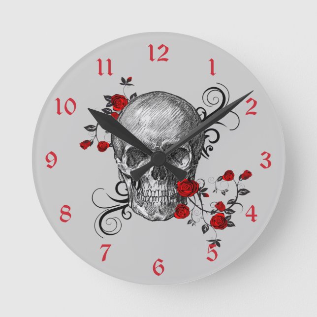 Reloj de pared de cráneo de rosas rojas rojas (Anverso)