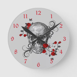 Reloj de pared de cráneo de rosas rojas rojas