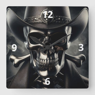 Reloj de pared de cráneo metálico de vaquero