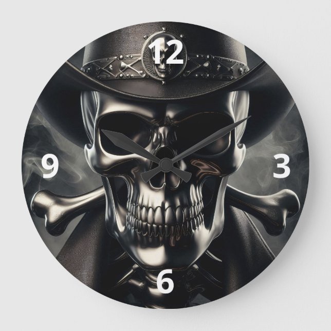 Reloj de pared de cráneo metálico de vaquero (Anverso)