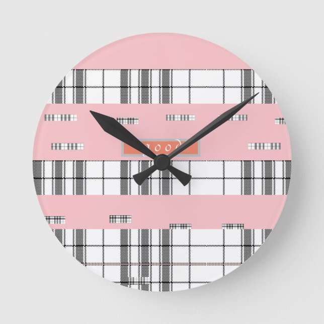 Reloj de pared de cuadros negro y rosa Chic Modern (Anverso)