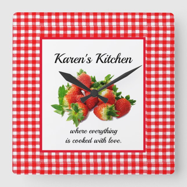 Reloj de pared de cuadros rojos y fresas (Anverso)