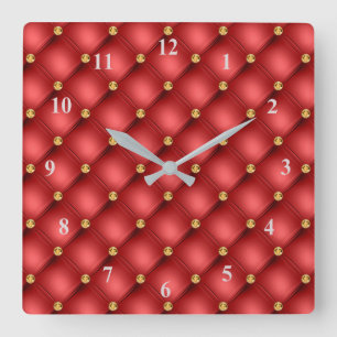 Reloj de pared de cuero rojo con diamante dorado