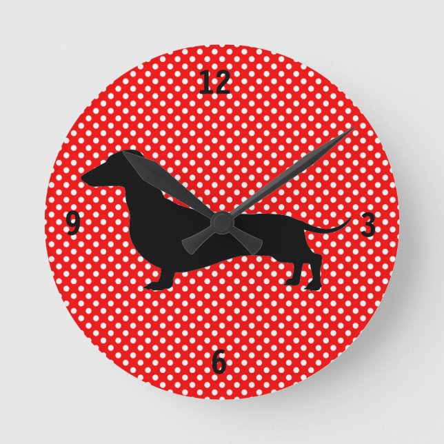 Reloj de pared de Dachshund con punto de polka roj (Anverso)