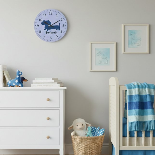 Reloj de pared de Dachshund para niños Azul Perro  (Boys room dachshund wall clock - blue tones)
