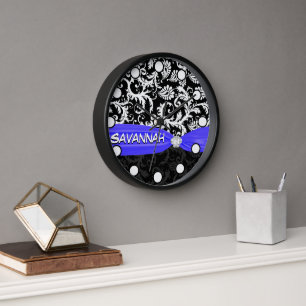Reloj de pared de damasco azul real negro personal