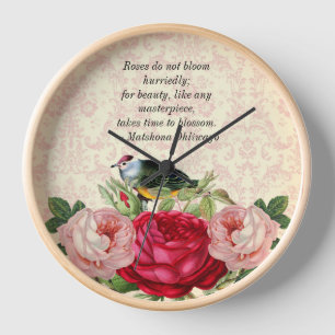 Reloj de pared de Damasco con rosas rojas rosadas