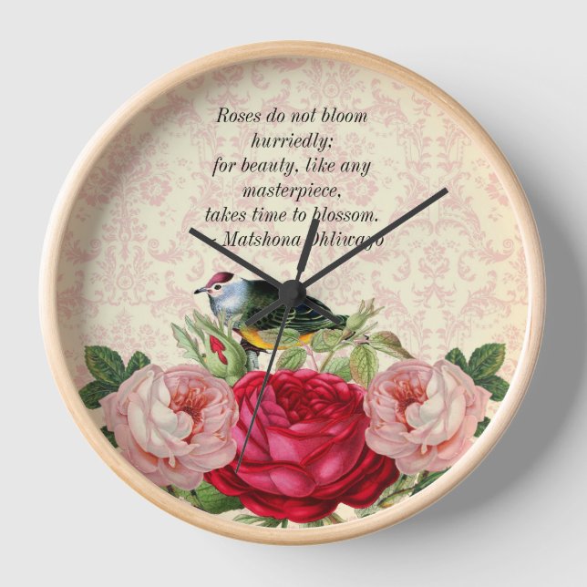 Reloj de pared de Damasco con rosas rojas rosadas (Anverso)