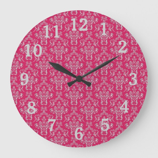 Reloj de pared de damasco rosa y plateado con núme (Anverso)
