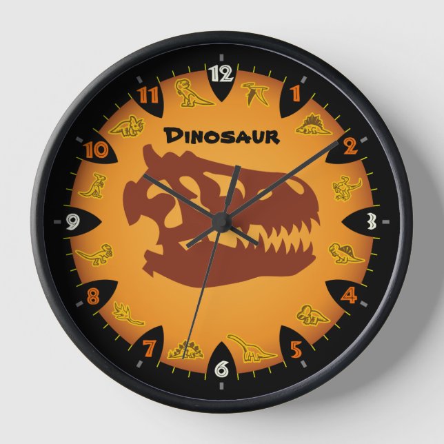 Reloj de pared de dinosaurios Naranja prehistórico (Anverso)