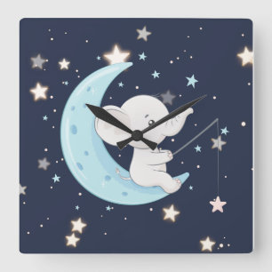 Reloj de pared de elefante bebé pescando estrellas