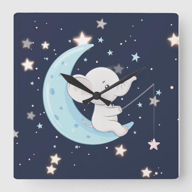 Reloj de pared de elefante bebé pescando estrellas (Anverso)