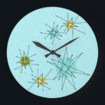 Reloj de pared de estallidos atómicos del huevo az<br><div class="desc">Este patrón de reloj de pared acrílico de estallidos atómicos Icónicos del huevo azul de Robin presenta estallidos atómicos icónicos. ¡Así es! La vieja escuela, el fondo de color azul óvulo de robin con especkles de oro, es el telón de fondo perfecto para los vibrantes círculos turquesa, apasionante apio y...</div>