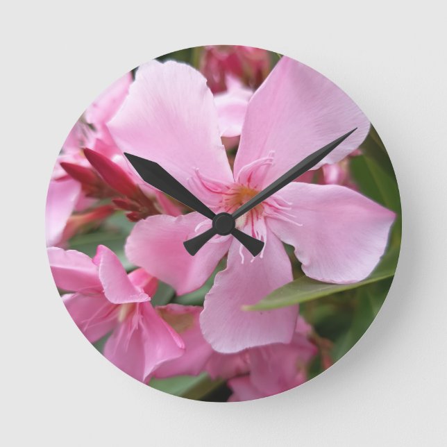 Reloj de pared de flor de oleandro rosa | Botánica (Anverso)