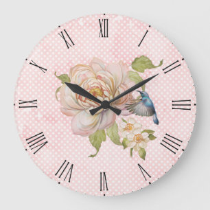 Reloj de pared de floral rosa y colibrí
