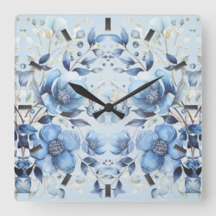 Reloj de pared de flores azul acuarela