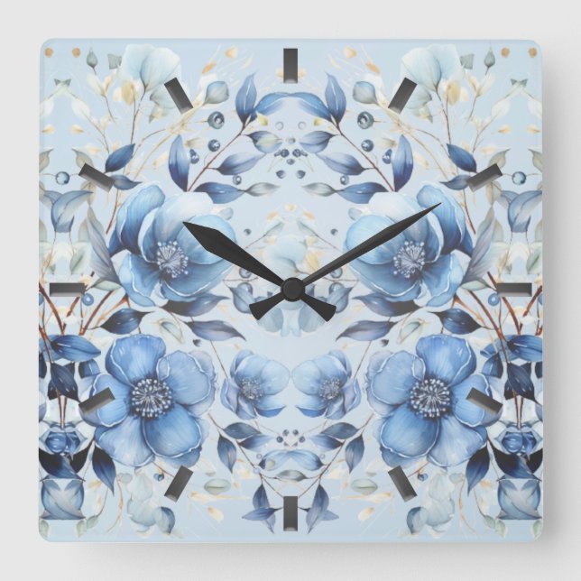 Reloj de pared de flores azul acuarela (Anverso)