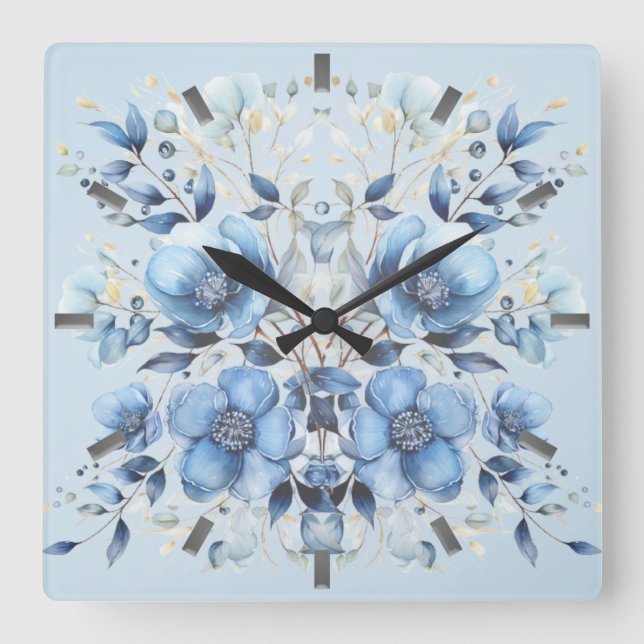 Reloj de pared de flores azul acuarela (Anverso)