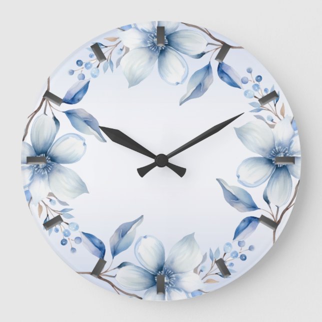 Reloj de pared de flores azules botánicas (Anverso)