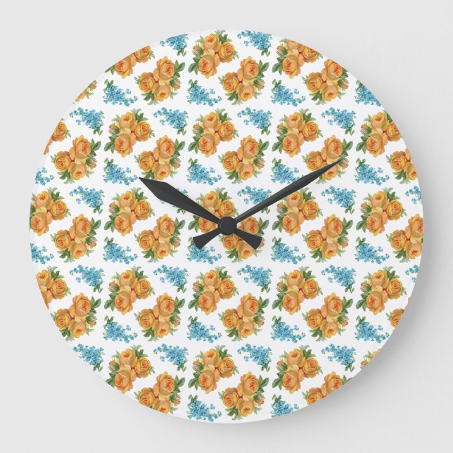 Reloj de pared de flores azules de rosa amarillo (Anverso)