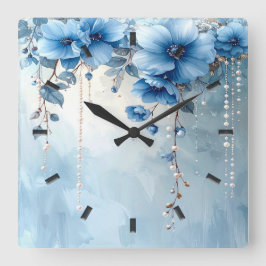 Reloj de pared de flores azules y perlas