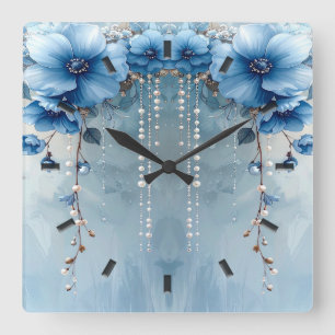 Reloj de pared de flores azules y perlas