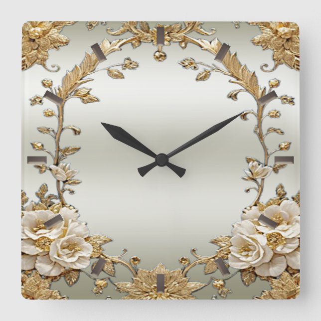 Reloj de pared de flores blancas ornadas doradas (Anverso)