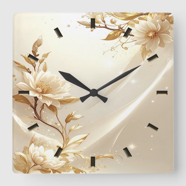 Reloj de pared de flores blancas y doradas (Anverso)