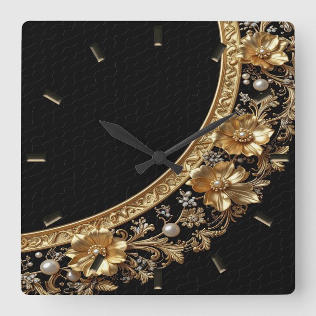 Reloj de pared de flores ornamentadas doradas (Anverso)