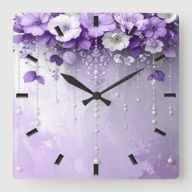 Reloj de pared de flores púrpuras con perlas colga (Anverso)