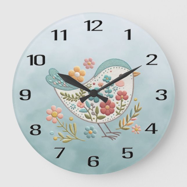 Reloj de pared de flores rosa azul pequeño de pája (Anverso)