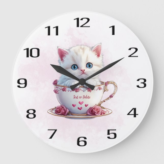 Reloj de pared de flores rosadas con gatito en taz (Anverso)