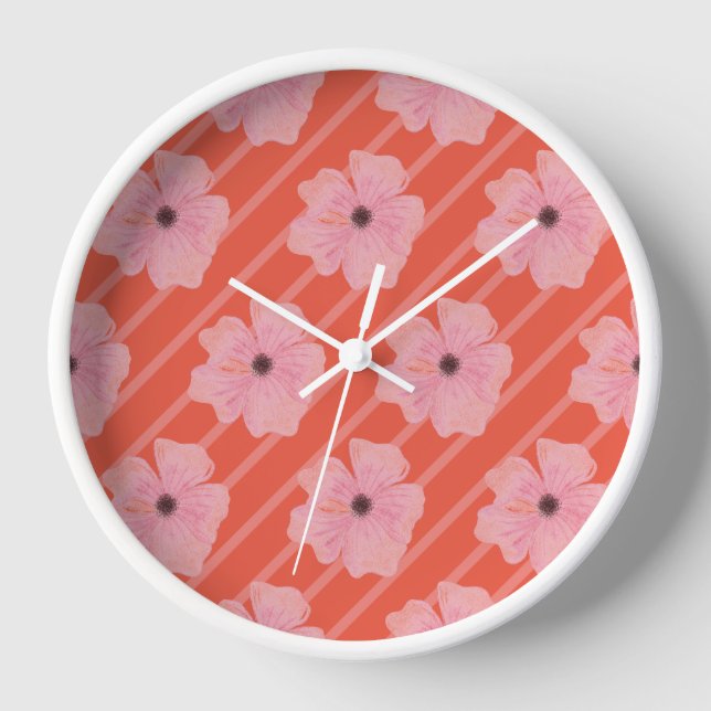 Reloj de pared de flores y rayas rosadas (Anverso)