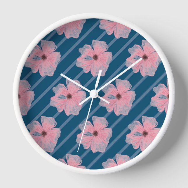 Reloj de pared de flores y rayas rosadas (Anverso)