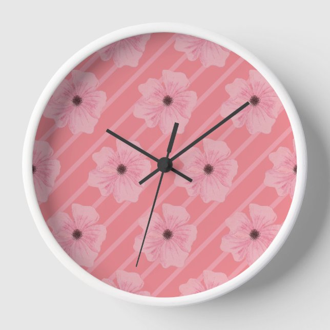 Reloj de pared de flores y rayas rosadas (Anverso)