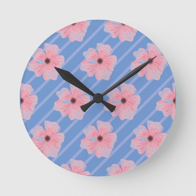 Reloj de pared de flores y rayas rosadas (Anverso)