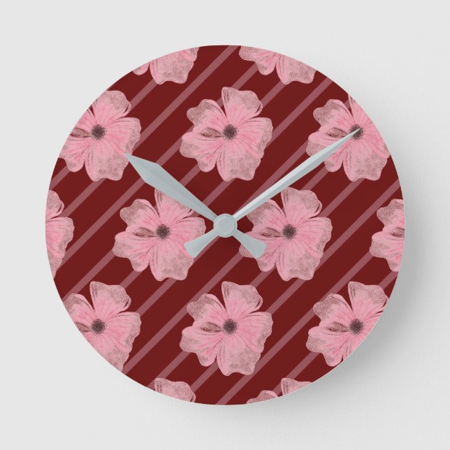 Reloj de pared de flores y rayas rosadas (Anverso)
