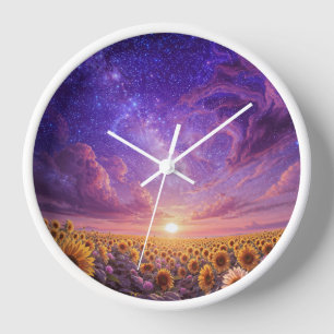 Reloj de pared de galaxia de girasol al atardecer
