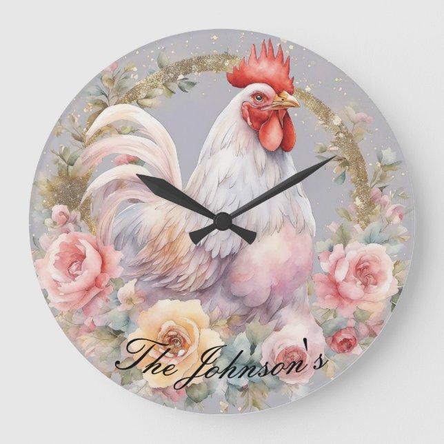 Reloj de pared de gallo floral de Purpurina dorado (Anverso)