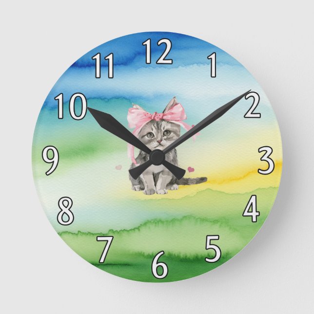 Reloj de pared de gatito con arco rosado (Anverso)