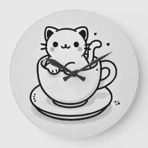 Reloj de Pared de Gato Adorable en Taza de Té